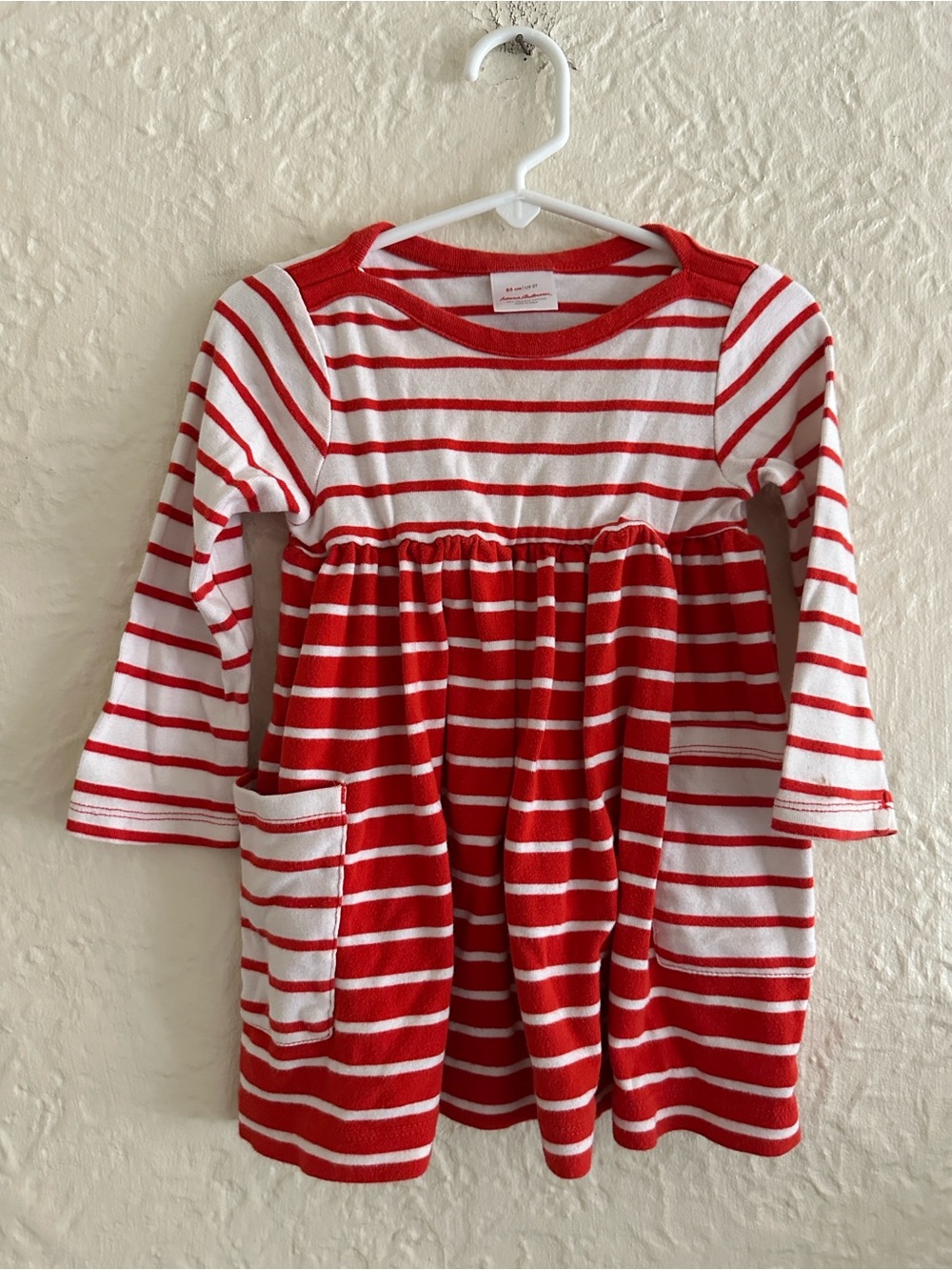 Hanna Andersson Girls Tangy Red & White Striped Long Sleeve Pocket Dress 2T